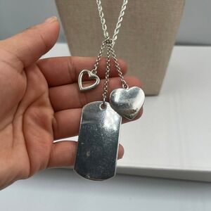 Vintage Silver Tone "Be Be Be" Dog Tag Necklace Heart Charms Rhinestone Accent